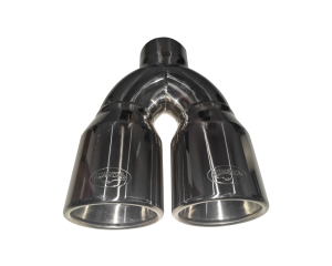 3in Inlet, Twin 4in Round Outlets, Straight Cut, Rolled Edge With Polished Inner Cone, Silverado