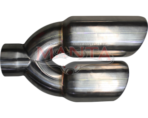 2 1/2in Inlet, Twin 3 1/4in Round Outlet, 10 1/2in Long, RHS Double Angle Cut, Polished Inner Cone